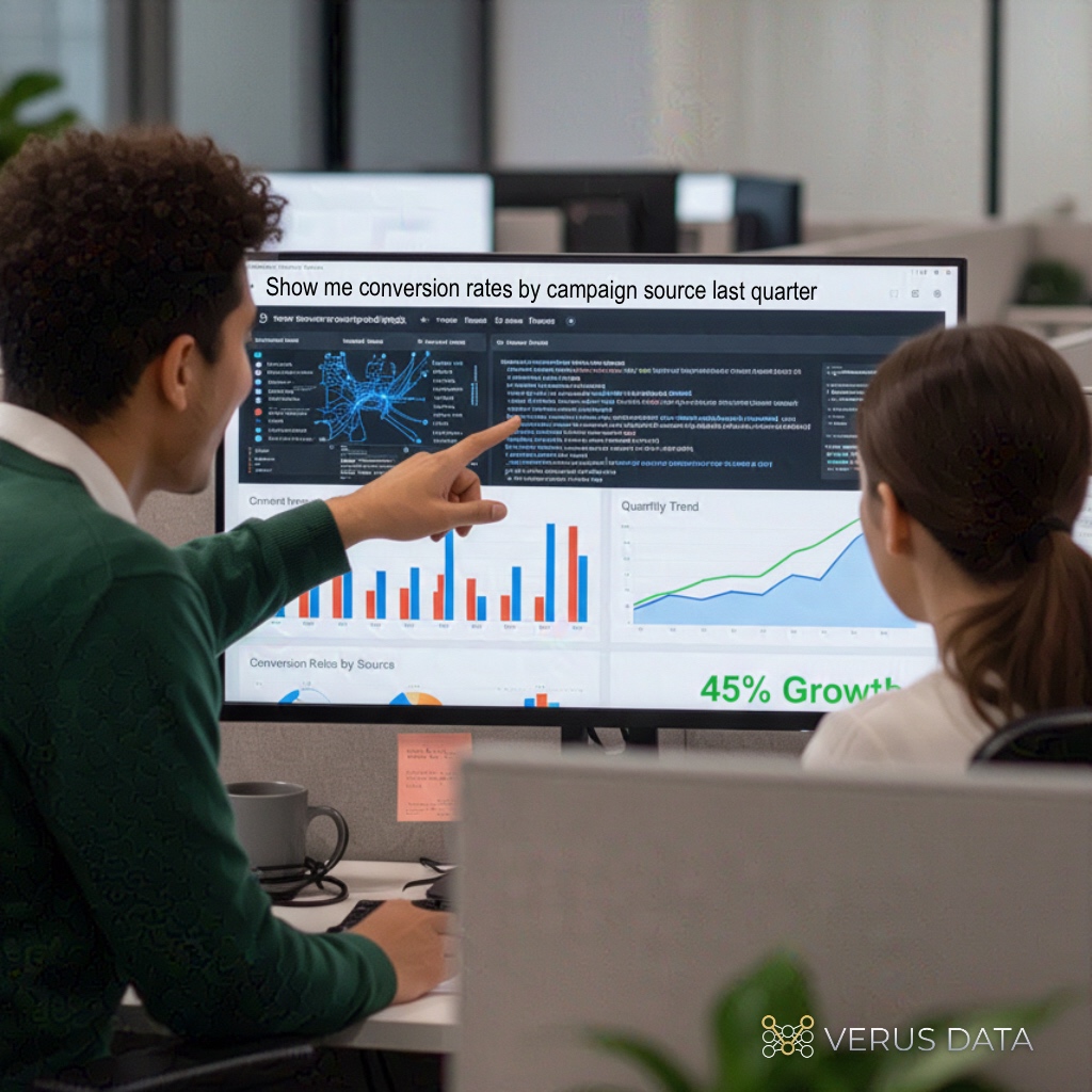 Interface showing natural language input for marketing into complex queries with a results dashboard