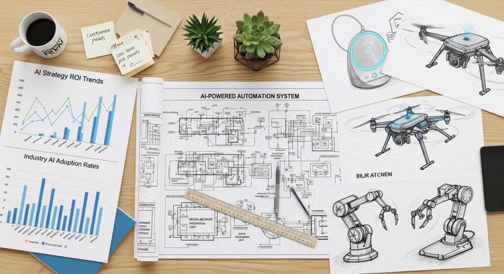 Open desk for innovation at that has a mix of charts, blueprints, and product sketches. it is hyperrealisitc, but the camera angle is from above
