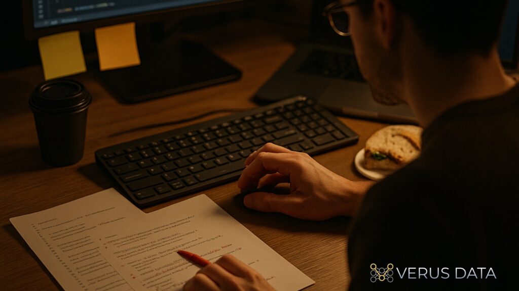Over-the-shoulder: one hand paused above the keyboard, the other gripping a red pen over printed code. Coffee, sticky notes, half-eaten sandwich. Screen glows, paper shows annotations. The work happens in both worlds