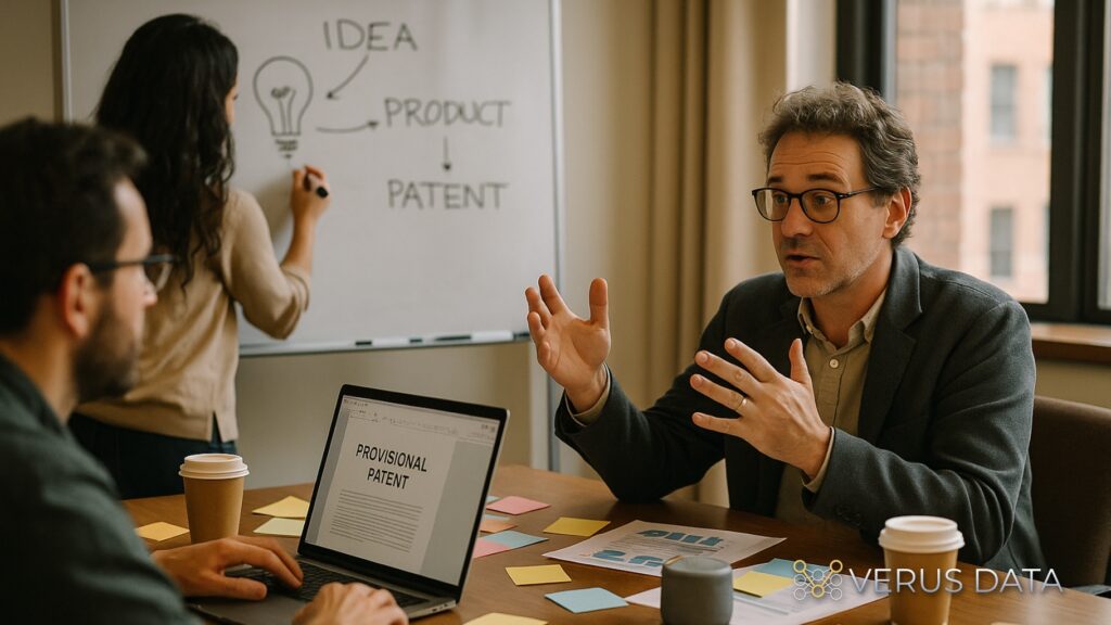 A diverse team collaborates around a conference table and whiteboard to translate raw ideas into structured provisional patents. By combining different professional perspectives with assistive tools, teams can capture highly specific, defensible IP that isolated creators might miss.