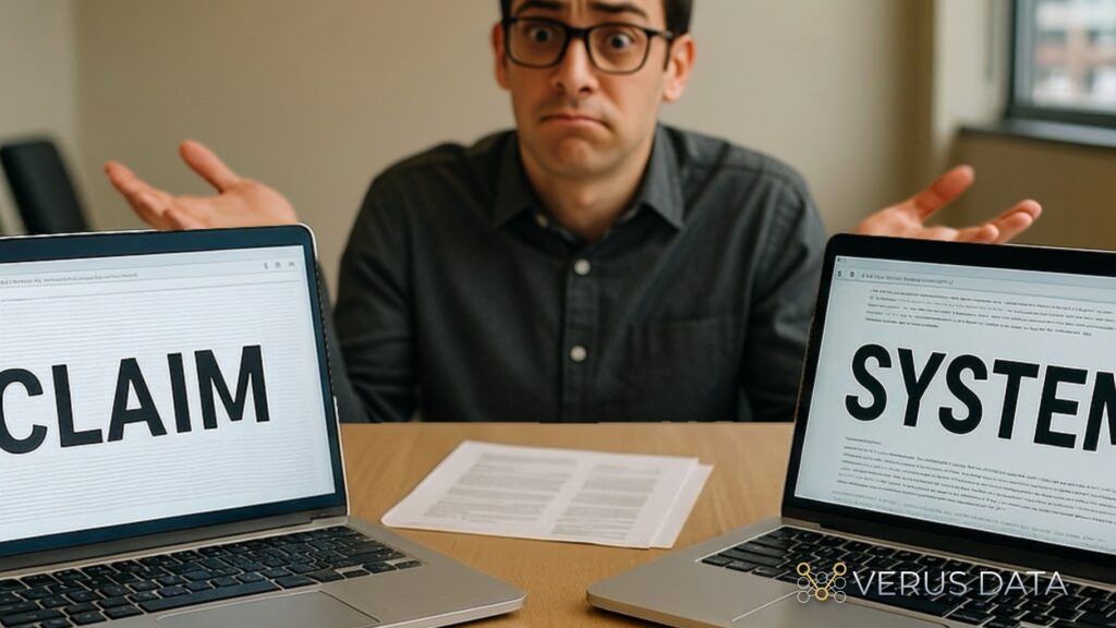 A confused professional sits between laptops displaying "CLAIM" and "SYSTEM," illustrating the friction of navigating new patent rules. Despite complex AI assistance, current USPTO guidance firmly reinforces that only natural persons can be legally named as inventors.