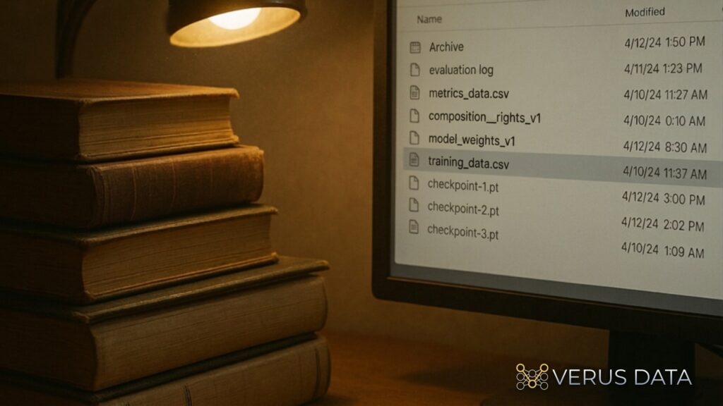 A computer monitor displays files like "model_weights_v1" next to a traditional stack of books, bridging old-world knowledge with digital IP. The image highlights how model licensing terms and clear provenance documentation are becoming more critical than raw model performance for enterprise deployment.