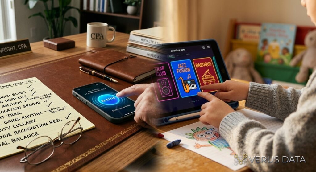 An adult and child interact with a tablet displaying music style cards. The scene illustrates how AI audio tools have lowered the barrier to music creation, enabling anyone from professionals to children to participate in the creative process.