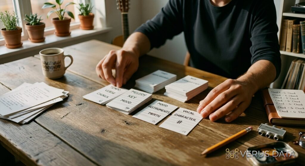 A person arranges labeled cards on a desk — like modular building blocks for a song. The scene visualizes the style block method: breaking music creation into selectable components that can be mixed, matched, and curated rather than generated all at once.