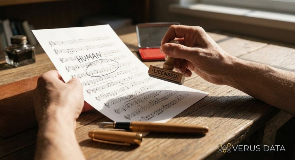 An artist holds sheet music marked "HUMAN" while contemplating a "LICENSED" stamp onto the page. The scene captures the intersection of human creativity and licensing requirements in AI music.